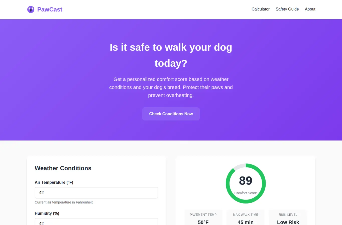 Screenshot of PawCast: Dog Walk Weather Comfort Index interface showing the project page in use